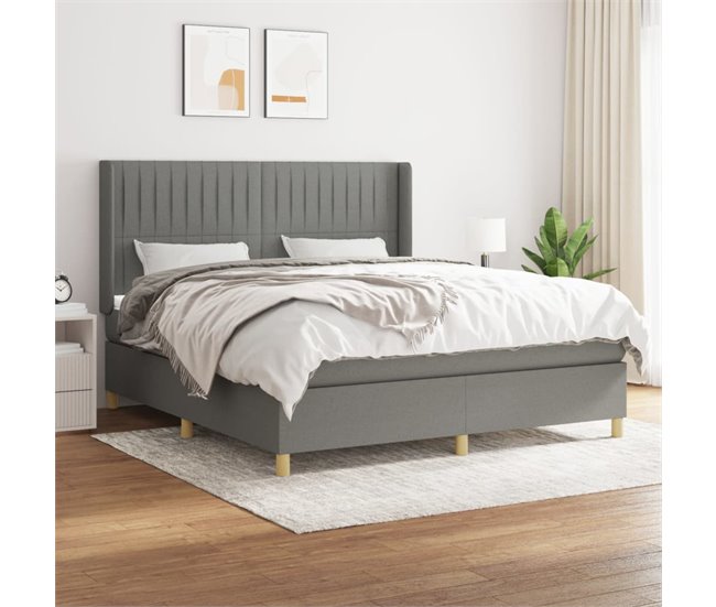 Conforama Cama Box Spring Con Colchón Tela Gris Oscuro 180x200 Cm Rayas Verticales