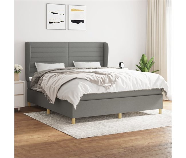 Conforama Cama Box Spring Con Colchón Tela Gris Oscuro 180x200 Cm Rayas Horizontales
