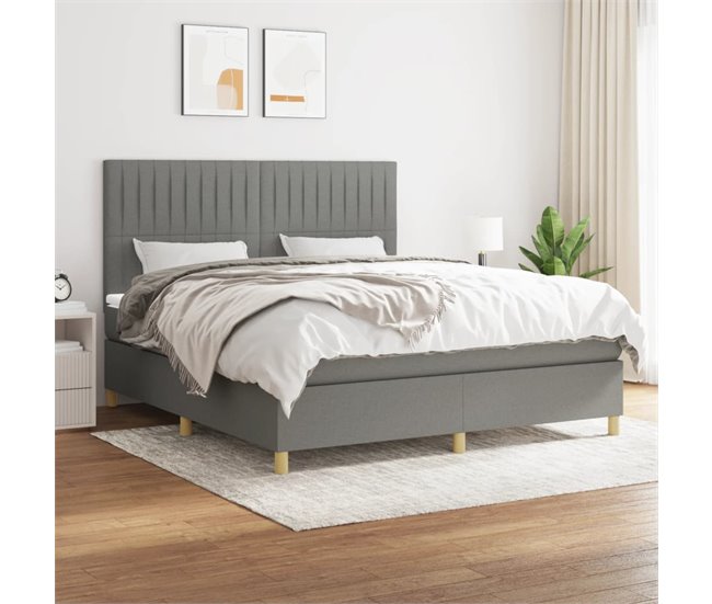 Conforama Cama Box Spring Con Colchón Tela Gris Oscuro 180x200 Cm Rayas Verticales