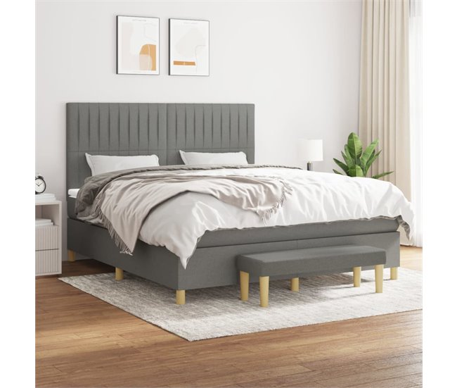 Conforama Cama Box Spring Con Colchón Tela Gris Oscuro 180x200 Cm Rayas Verticales