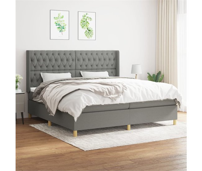 Conforama Cama Box Spring Con Colchón Tela Gris Oscuro 200x200 Cm Diseño De Botones