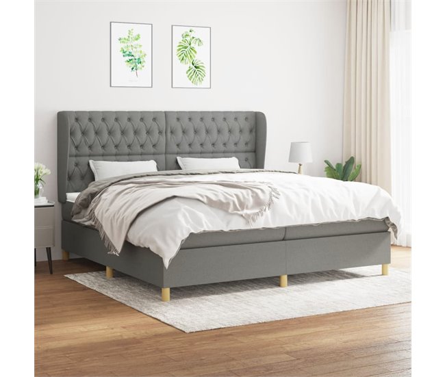 Conforama Cama Box Spring Con Colchón Tela Gris Oscuro 200x200 Cm Diseño De Botones