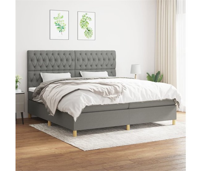 Conforama Cama Box Spring Con Colchón Tela Gris Oscuro 200x200 Cm Diseño De Botones
