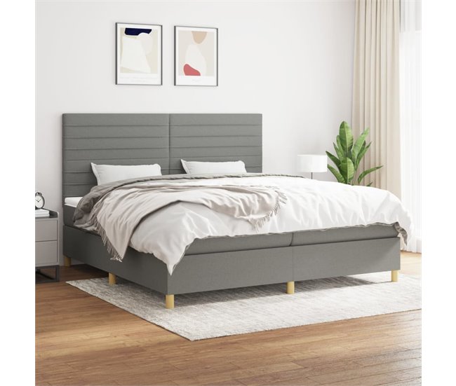 Conforama Cama Box Spring Con Colchón Tela Gris Oscuro 200x200 Cm Rayas Horizontales