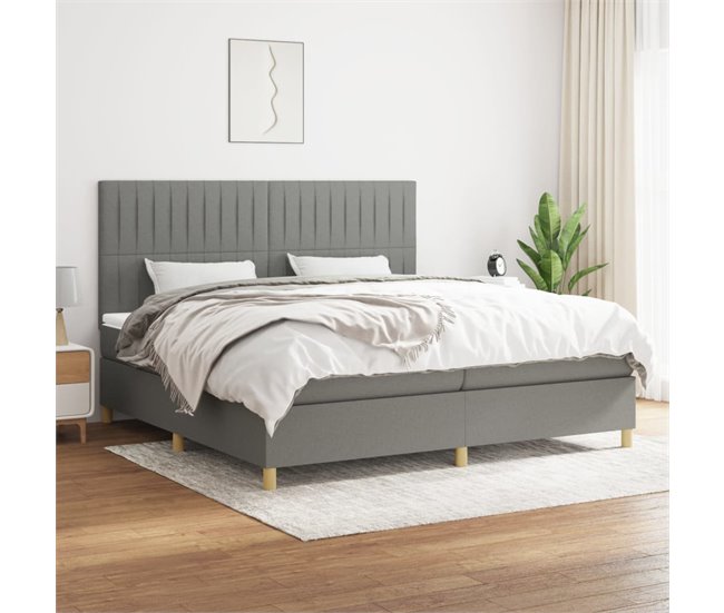 Conforama Cama Box Spring Con Colchón Tela Gris Oscuro 200x200 Cm Rayas Verticales
