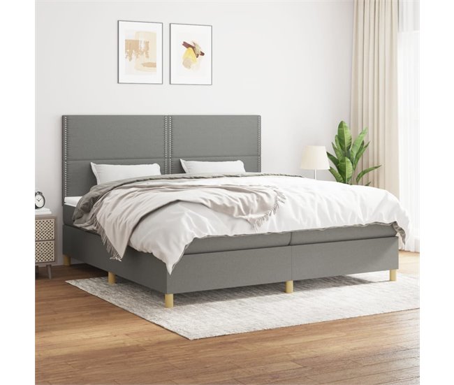 Conforama Cama Box Spring Con Colchón Tela Gris Oscuro 200x200 Cm Liso Con Clavos
