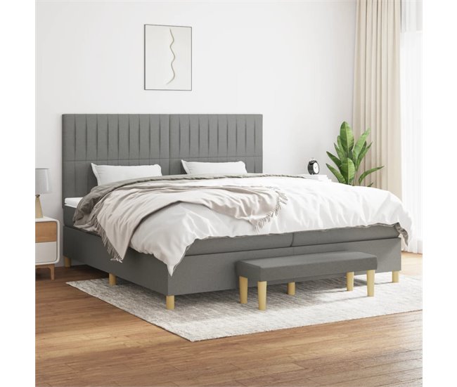 Conforama Cama Box Spring Con Colchón Tela Gris Oscuro 200x200 Cm Rayas Verticales