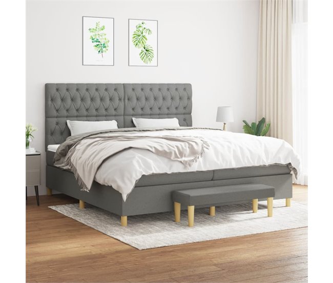 Conforama Cama Box Spring Con Colchón Tela Gris Oscuro 200x200 Cm Diseño De Botones