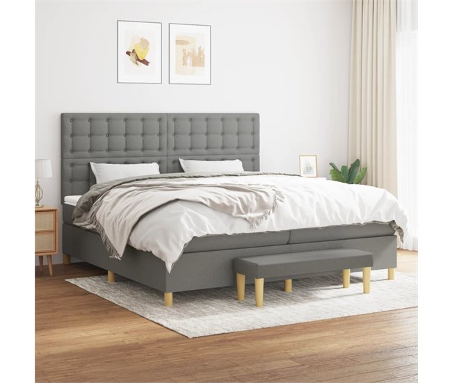 Conforama Cama Box Spring Con Colchón Tela Gris Oscuro 200x200 Cm Botones