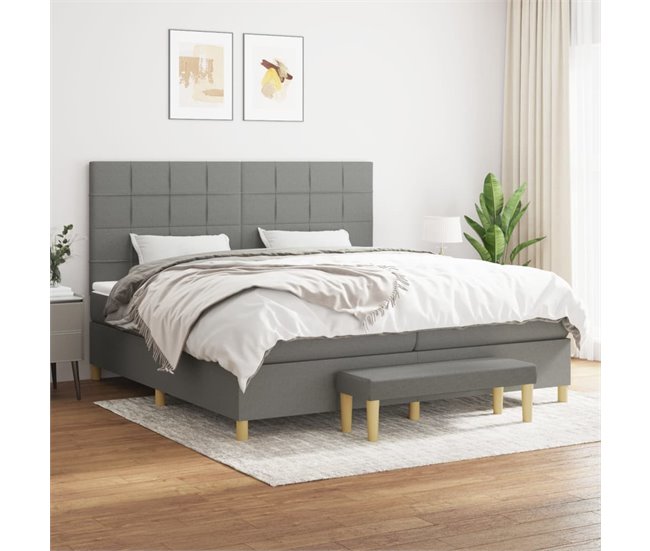 Conforama Cama Box Spring Con Colchón Tela Gris Oscuro 200x200 Cm Bloques Con Cuadros