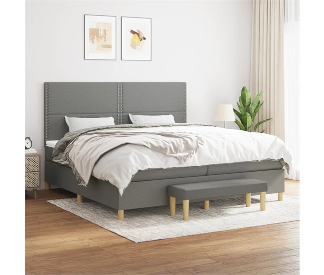 Conforama Cama Box Spring Con Colchón Tela Gris Oscuro 200x200 Cm Liso Con Clavos