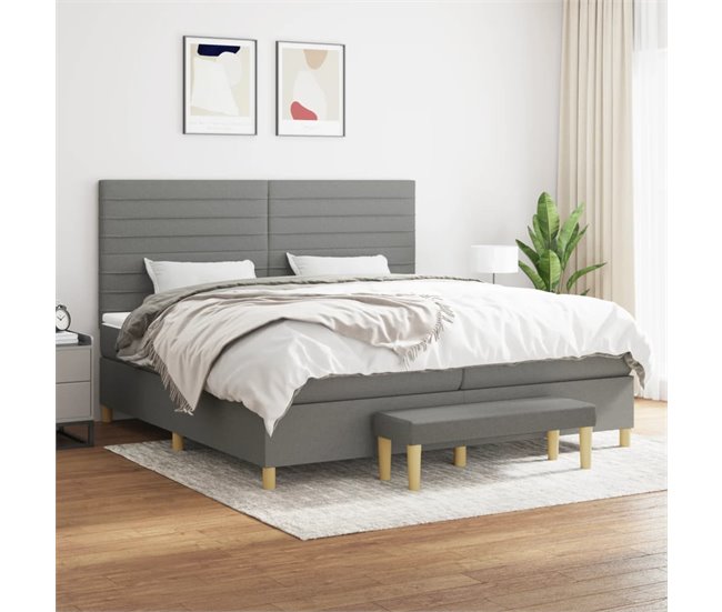 Conforama Cama Box Spring Con Colchón Tela Gris Oscuro 200x200 Cm Rayas Horizontales