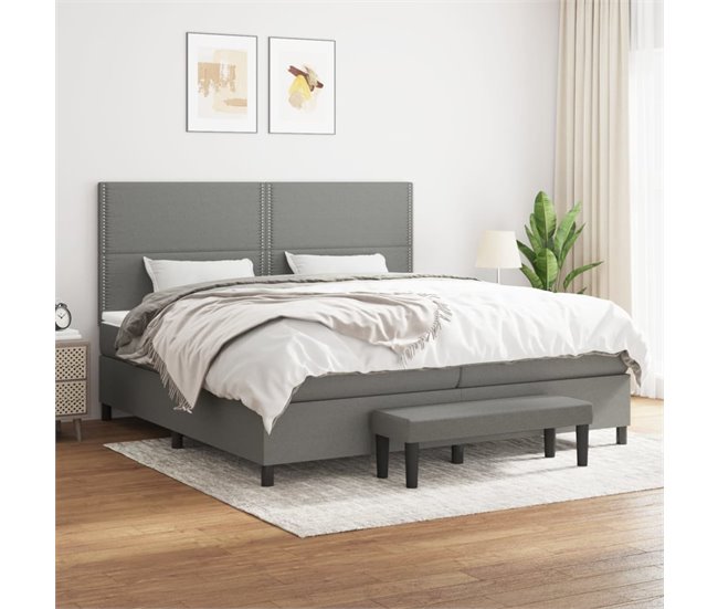 Conforama Cama Box Spring Con Colchón Tela Gris Oscuro 200x200 Cm Bloques Con Cuadros