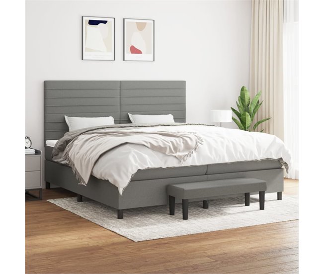 Conforama Cama Box Spring Con Colchón Tela Gris Oscuro 200x200 Cm Rayas Horizontales