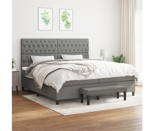 Conforama Cama Box Spring Con Colchón Tela Gris Oscuro 200x200 Cm Diseño De Botones