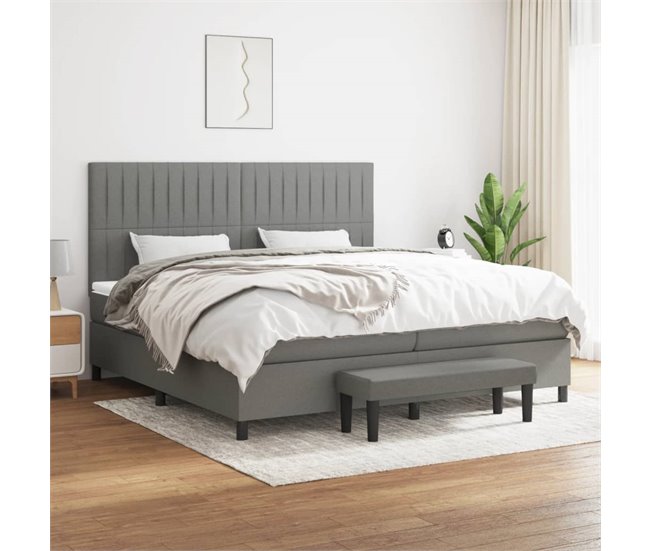 Conforama Cama Box Spring Con Colchón Tela Gris Oscuro 200x200 Cm Rayas Verticales