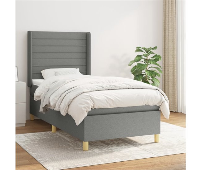 Conforama Cama Box Spring Con Colchón Tela Gris Oscuro 90x190 Cm Rayas Horizontales