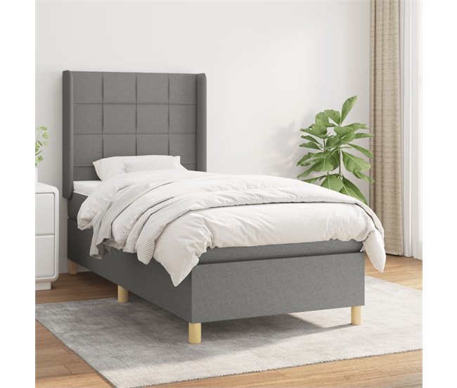 Conforama Cama Box Spring Con Colchón Tela Gris Oscuro 90x190 Cm Bloques Con Cuadros