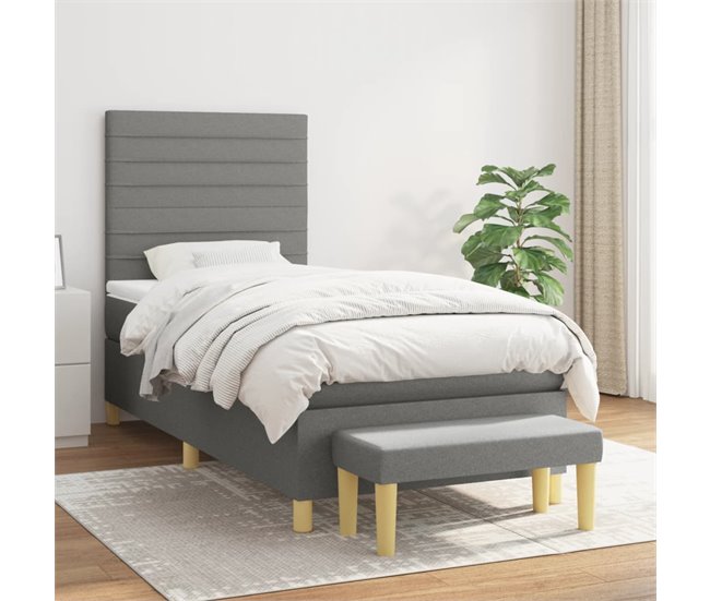 Conforama Cama Box Spring Con Colchón Tela Gris Oscuro 90x190 Cm Rayas Horizontales