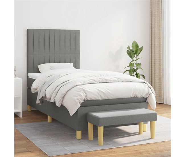 Conforama Cama Box Spring Con Colchón Tela Gris Oscuro 90x190 Cm Rayas Verticales