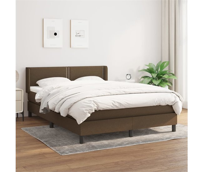 Conforama Cama Box Spring Con Colchón Tela Marrón Oscuro 140x190 Cm Liso Con Clavos