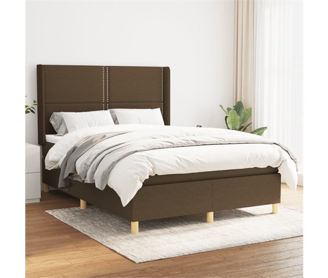 Conforama Cama Box Spring Con Colchón Tela Marrón Oscuro 140x190 Cm Liso Con Clavos