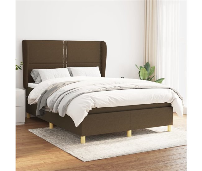 Conforama Cama Box Spring Con Colchón Tela Marrón Oscuro 140x190 Cm Liso Con Clavos