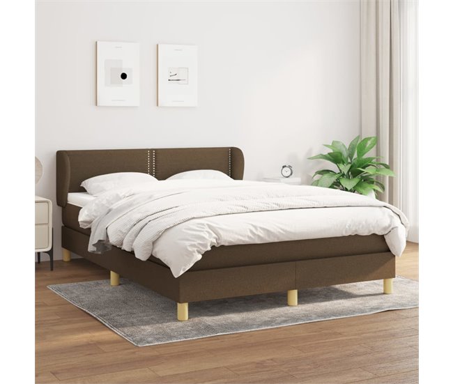 Conforama Cama Box Spring Con Colchón Tela Marrón Oscuro 140x190 Cm Liso Con Clavos