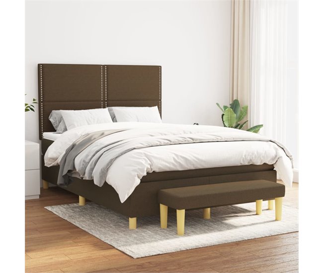 Conforama Cama Box Spring Con Colchón Tela Marrón Oscuro 140x190 Cm Liso Con Clavos