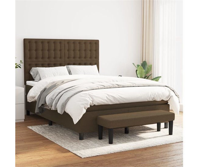 Conforama Cama Box Spring Con Colchón Tela Marrón Oscuro 140x190 Cm Botones