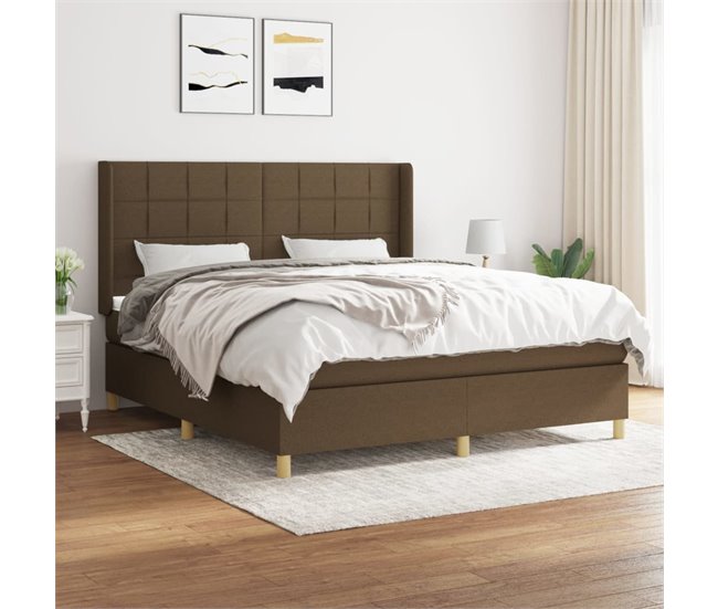 Conforama Cama Box Spring Con Colchón Tela Marrón Oscuro 180x200 Cm Bloques Con Cuadros