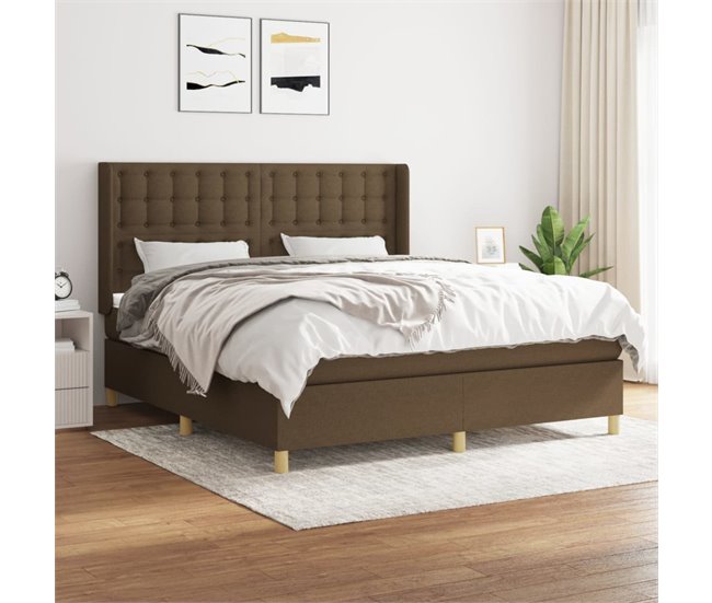 Conforama Cama Box Spring Con Colchón Tela Marrón Oscuro 180x200 Cm Botones