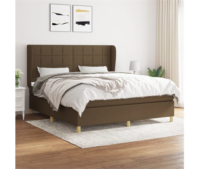 Conforama Cama Box Spring Con Colchón Tela Marrón Oscuro 180x200 Cm Bloques Con Cuadros