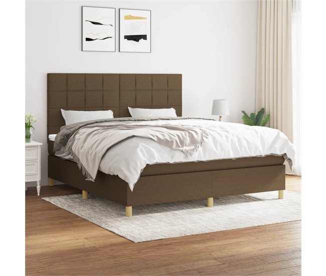 Conforama Cama Box Spring Con Colchón Tela Marrón Oscuro 180x200 Cm Bloques Con Cuadros