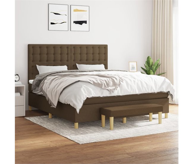 Conforama Cama Box Spring Con Colchón Tela Marrón Oscuro 180x200 Cm Botones