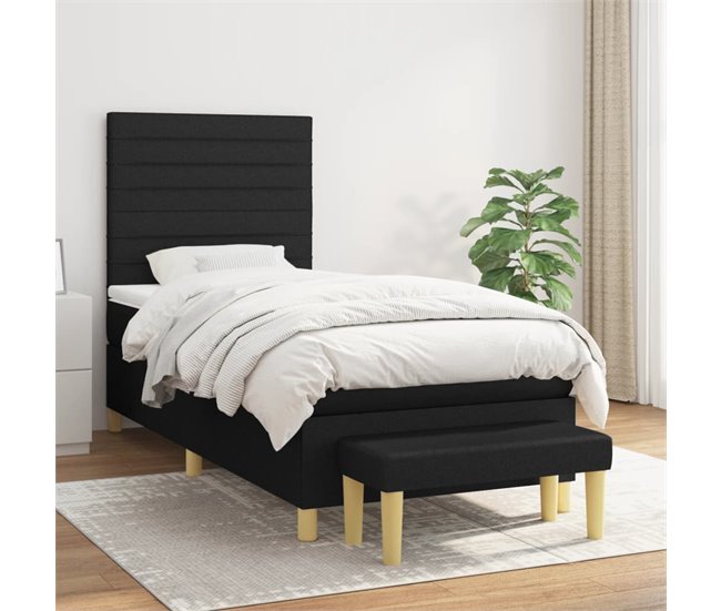 Conforama Cama Box Spring Con Colchón Tela Negro 100x200 Cm Rayas Horizontales