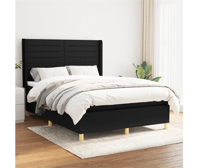 Conforama Cama Box Spring Con Colchón Tela Negro 140x190 Cm Rayas Horizontales