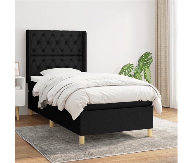 Conforama Cama Box Spring Con Colchón Tela Negro 80x200 Cm Diseño De Botones