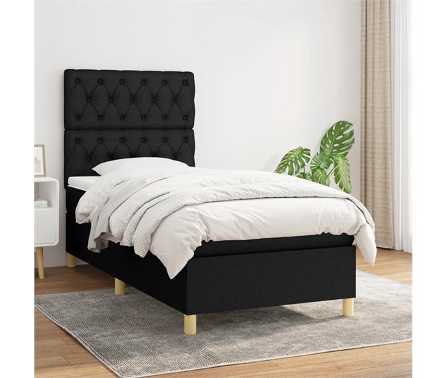 Conforama Cama Box Spring Con Colchón Tela Negro 80x200 Cm Diseño De Botones