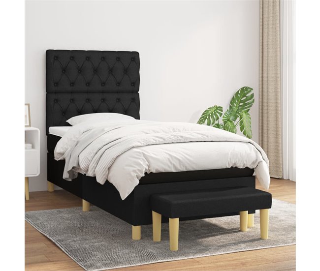 Conforama Cama Box Spring Con Colchón Tela Negro 80x200 Cm Diseño De Botones