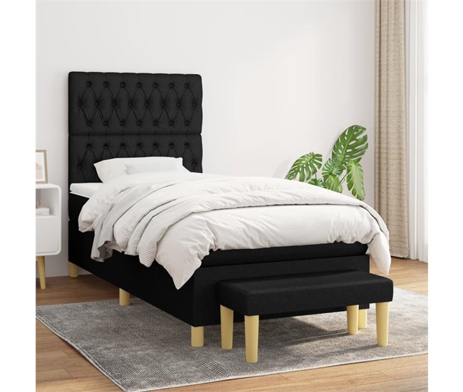 Conforama Cama Box Spring Con Colchón Tela Negro 90x190 Cm Diseño De Botones