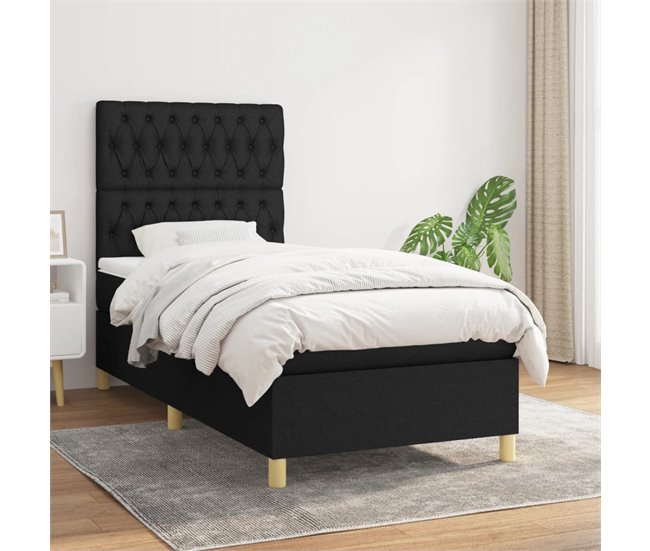 Conforama Cama Box Spring Con Colchón Tela Negro 90x200 Cm Diseño De Botones