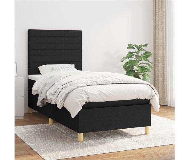 Conforama Cama Box Spring Con Colchón Tela Negro 90x200 Cm Rayas Horizontales