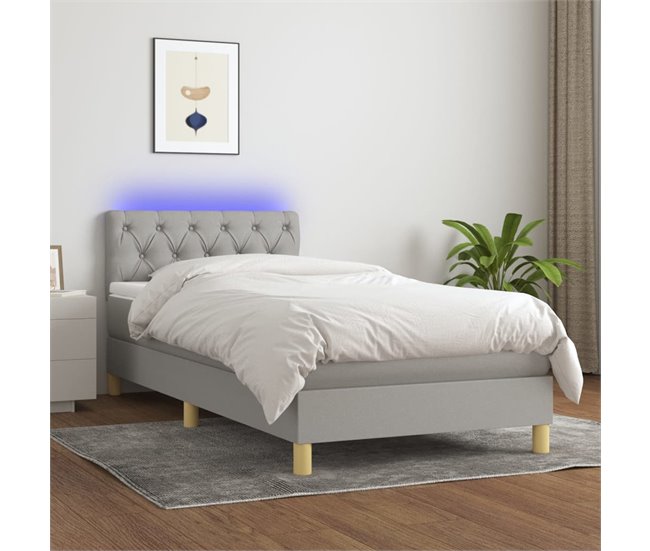 Conforama Cama Box Spring Con Colchón Tela Y LED Gris Claro 80x200 Cm Diseño De Botones