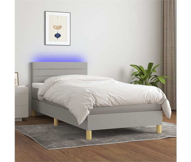 Conforama Cama Box Spring Con Colchón Tela Y LED Gris Claro 80x200 Cm Rayas Horizontales
