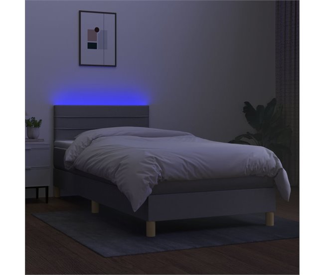 Conforama Cama Box Spring Con Colchón Tela Y LED Gris Claro 80x200 Cm Rayas Horizontales