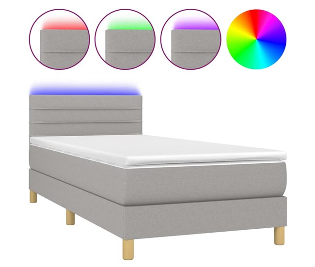 Conforama Cama box spring con colchón tela y LED gris claro 80x200 cm Rayas horizontales