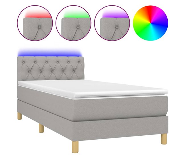 Conforama Cama box spring con colchón tela y LED gris claro 80x200 cm Diseño de botones