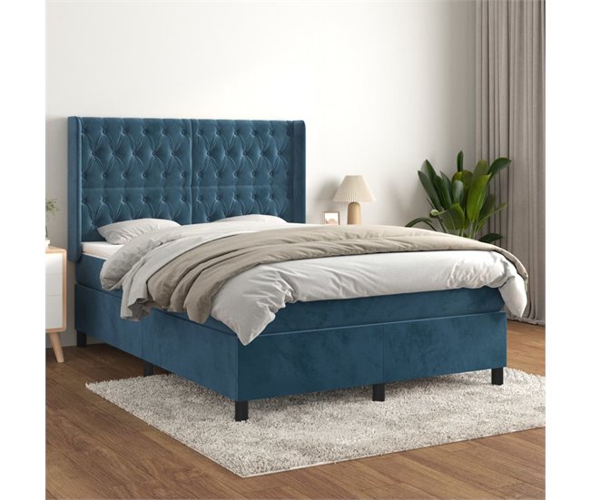 Conforama Cama Box Spring Con Colchón Terciopelo Azul Oscuro 140x190 Cm Diseño De Botones