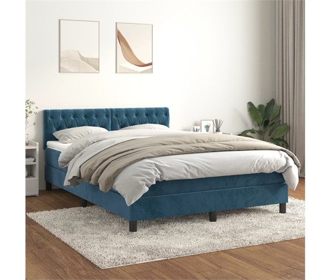 Conforama Cama Box Spring Con Colchón Terciopelo Azul Oscuro 140x200 Cm Diseño De Botones